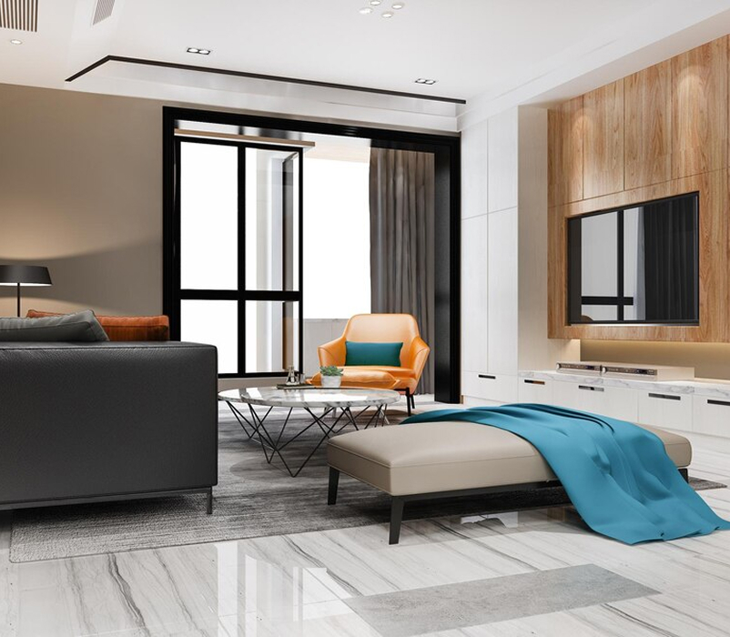 Modern living room with tile flooring